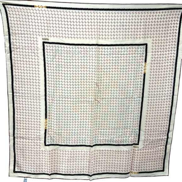 VGT  GUCCI Scarf f 00% Silk Satin 34" Ivery Brown Green Red Logo GG HandRoll(35 - Picture 8 of 11